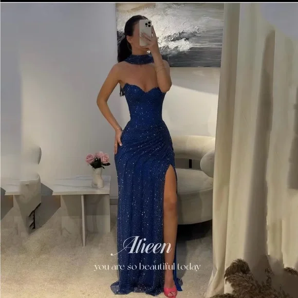 Aileen Women's Dark Blue with Scarf Luxury Evening Dresses Size 0 - Picture 1 of 4